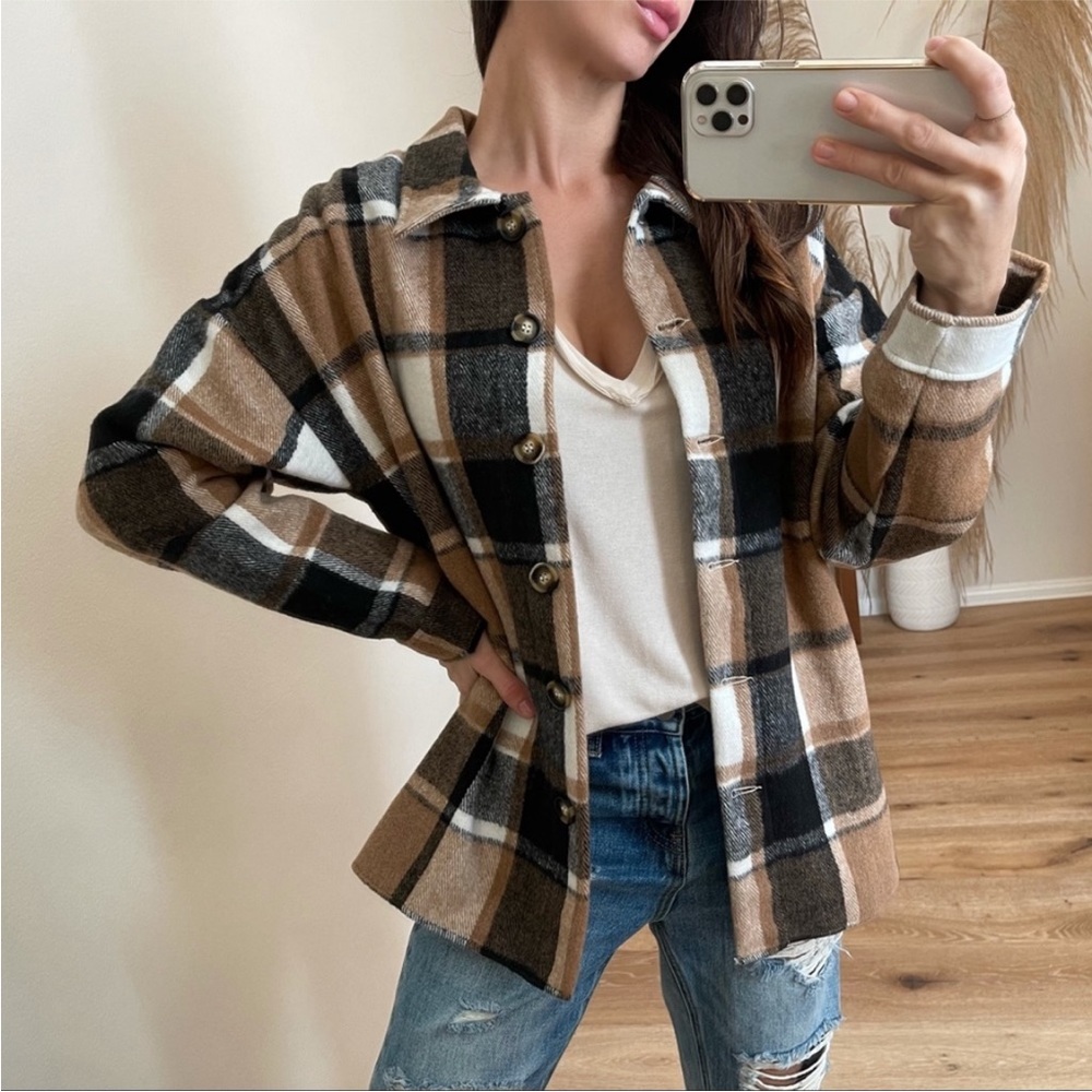 Be True Plaid Flannel Shacket - Black + Brown